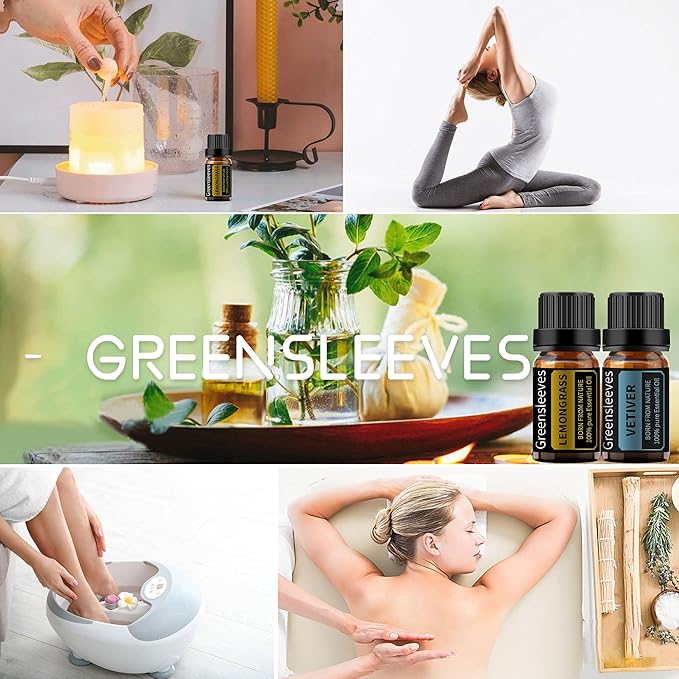GREENSLEEVES Vetiver and Lemongrass Essential Oil Set, 2 x 10ml Pure Plant-Based Fragrance Oil for Aromatherapy, Essential Oils for Diffuser, Massage, Bath Bomb, Scented Candle Soap Making