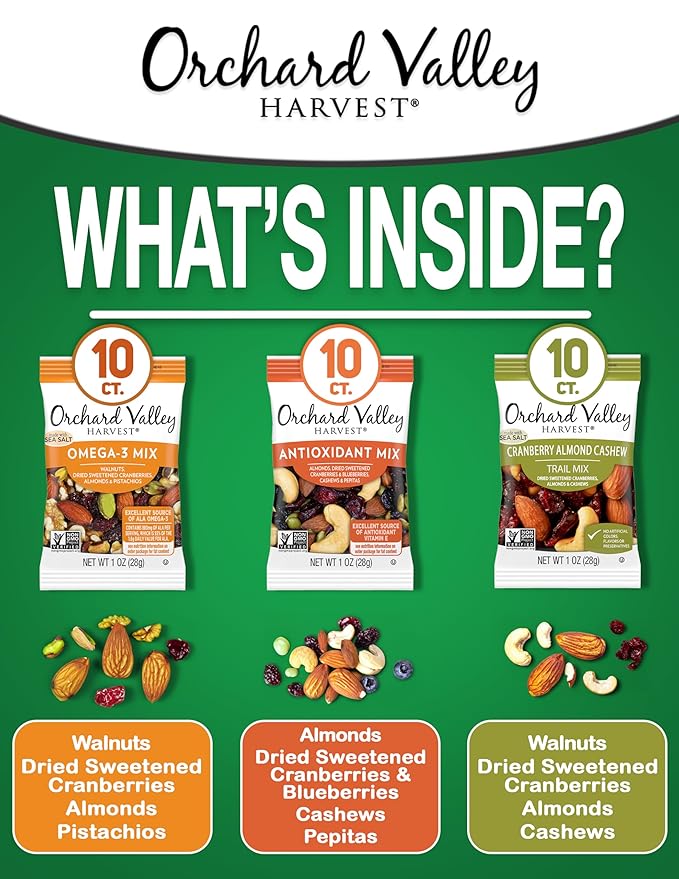 Orchard Valley Harvest Active Snack Pack Mix, 1oz Bags (Variety Pack of 30), Antioxidant Mix, Cranberry Almond Cashew, Omega-3 Trail Mix, Healthy Snacks for Adults and Kids, Gluten Free