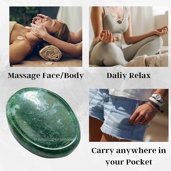 Amazing Gemstone Moss Agate Worry Stone Crystals and Healing Stones - Worry Stones for Stress Relief Gifts - Piedra Crystal Fidget for Meditation, Calming, Relaxation