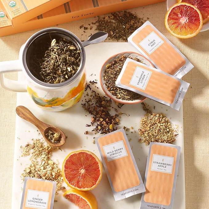 Tea Forte Herbal Tea Assortment Single Steeps Loose Leaf Premium Tea Gift Set Sampler, 15 Count 3 of Each Assorted Blends, Pre-Portioned Single Serve Pouches, Steeps 12 oz