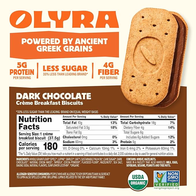 Olyra Dark Chocolate Sandwich Breakfast Biscuits, Healthy Snacks for Adults and Kids, Low Sugar, Organic Vegan Cookies, Office Snacks, USDA Certified, Non GMO 24 Packs