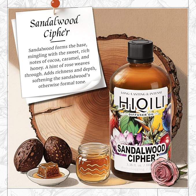 HIQILI Sandalwood Cipher Diffuser Oil, Ideal for Scent Diffuser, Car Air fresheners, Relaxing & Cozy, Long Lasting - 3.38 Fl Oz