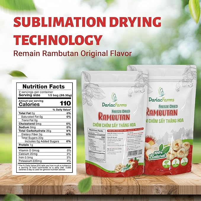 DARLAC FARMS Freeze Dried Rambutan Bites, Pack 1, No Sugar Added, Healthy Fruit Snacks for Kids, Adults & All Ages, Premium Organic Crispy Crunchy Snacks, Tea, Baking, Smoothie, Yogurt, 2 Oz