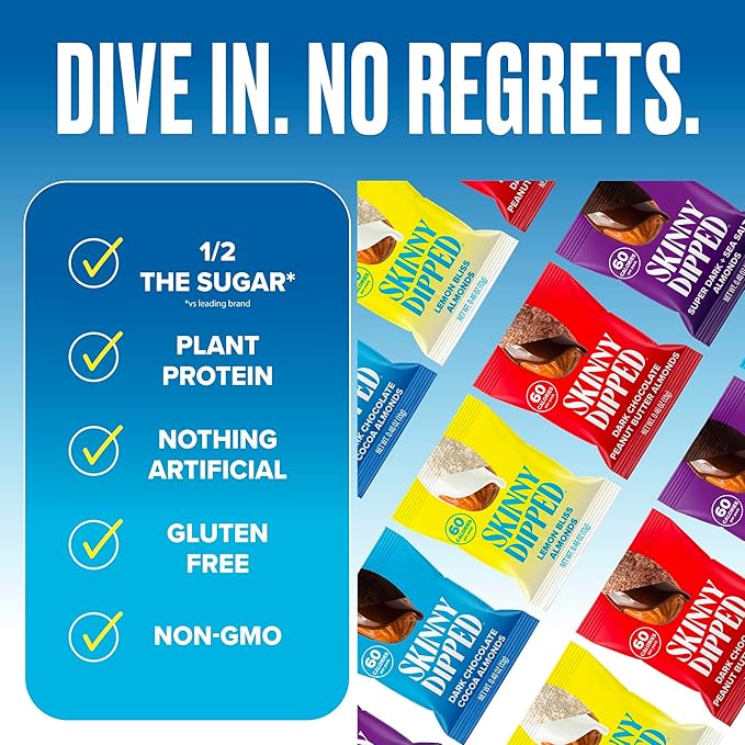 SkinnyDipped Snack Attack Minis Almond Variety Pack, Healthy Snack, Plant Protein, Gluten Free, 0.46 oz Mini Bags, Pack of 25