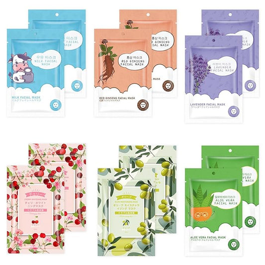 12 Sheets Face Masks Skincare, Moisturize Face Masks Suitable for Sensitive Skin, Hydrate Facial Mask for All Skin Types, Bulk Facial Masks for Women Skin Care, Soothe Face Mask for Spa Party
