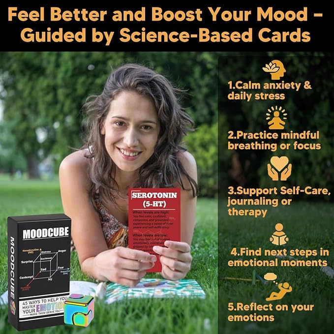 Self Care Cards for Anxiety Relief with MoodCube Spinner, Science-Based Emotion Therapy Tools for Adults & Teens, 45 Mindfulness & Meditation Exercises for Depression, Great Relaxation Gift
