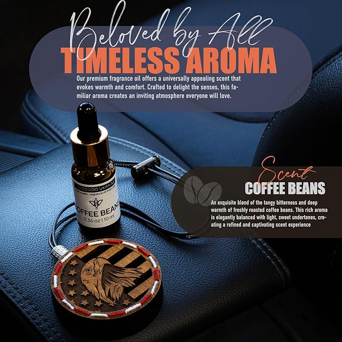 Wood Car Air Freshener — Handcrafted Air Freshener — American Flag Hanging Fragrance Oil Diffuser in Wooden Gift Box — Christmas Gift for Car with Coffee Beans Fragrance Oil - 10 ml