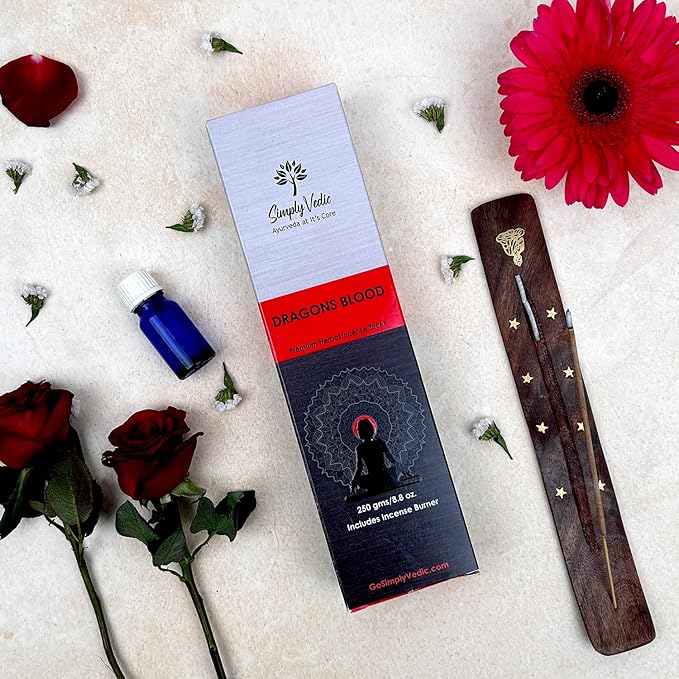 Simply Vedic Dragons Blood Incense Sticks β 250g Pack (Approx. 135 Handmade Sticks + Free Holder) | Charcoal-Free | Natural Essential Oils for Meditation, Yoga, Aromatherapy, Prayers & Spiritual Use