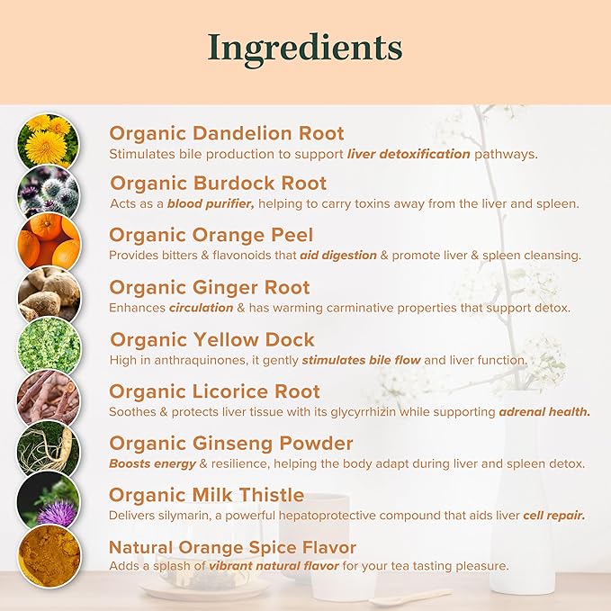 2-in-1 Organic Liver Detox Tea & Spleen Detox Tea - Organic Dandelion Root, Burdock Root, Ginger Root & Orange Peel, Orange Spice Flavor - Supports Liver, Gallbladder & and Spleen Health - Made in USA