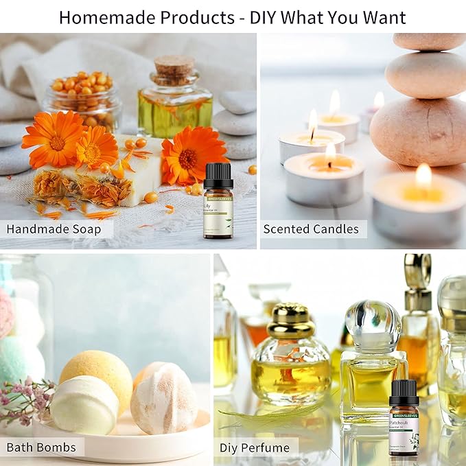 GREENSLEEVES Patchouli Lily Essential Oil Set, 2 x 10ml Pure Plant-Based Fragrance Oil for Aromatherapy, Essential Oils for Diffuser, Massage, Bath Bomb, Scented Candle Soap Making