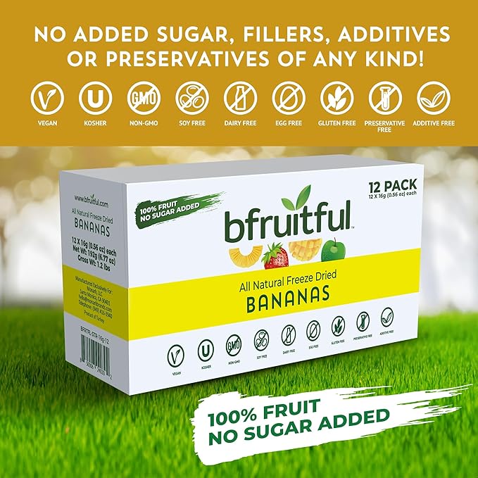 bfruitful Freeze-Dried Banana, Freeze Dried Fresh Fruit Bites, Gluten Free, Vegan, Dairy Free, Kosher, No Sugar Added, Non GMO, Healthy Snacks for Kids or Adults, 0.56 oz Single-Serve Snack Packets, 12 Pack