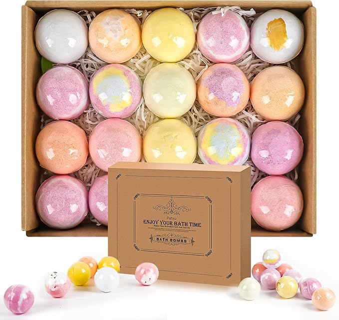 Bath Bombs 20 PCS Set, Organic Bath Bombs with Natural and Safe Essential Oil, Handmade Rich Bubble for Skin Moisturizing, Present for Her/Him, Girls, Women, Wife, Mother