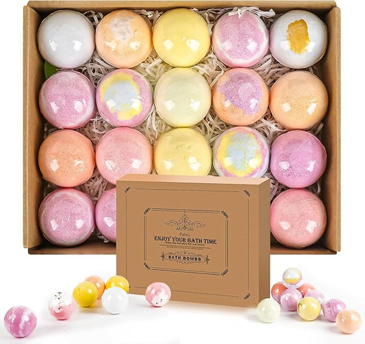 Bath Bombs 20 PCS Set, Organic Bath Bombs with Natural and Safe Essential Oil, Handmade Rich Bubble for Skin Moisturizing, Present for Her/Him, Girls, Women, Wife, Mother