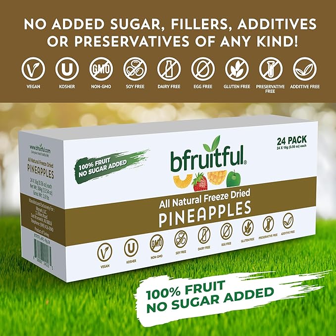bfruitful Freeze-Dried Pineapple, Freeze Dried Fresh Fruit Bites, Gluten Free, Vegan, Dairy Free, Kosher, No Sugar Added, Non GMO, Healthy Snacks for Kids or Adults, 0.56 oz Single-Serve Snack Packets, 24 Pack