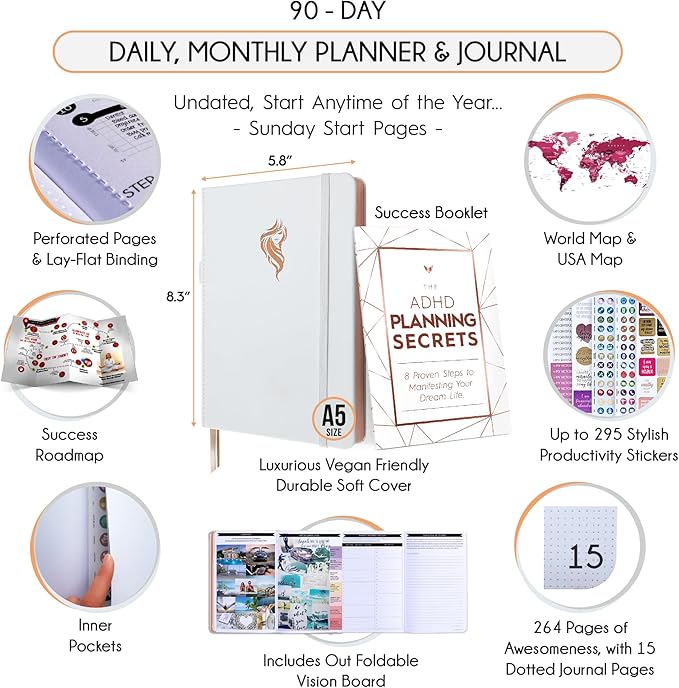 ADHD - A Self Care Personal Gratitude Journal to Increase Productivity and Success in Life & Work, Weekly & Monthly Undated Planner for Women and Men, Vision Board & Organizer + Stickers