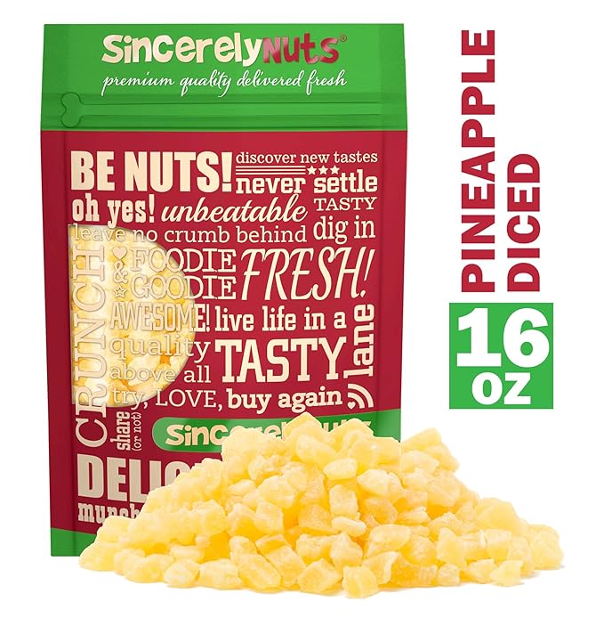 Sincerely Nuts Diced Pineapple (1 LB)-The Perfect Healthy Snack - Vegan, Gluten-Free and Kosher Superfood - Dried Fruit for Yogurts, Trail Mix, and More-Tasty Cooking Staple for Your Favorite Dishes