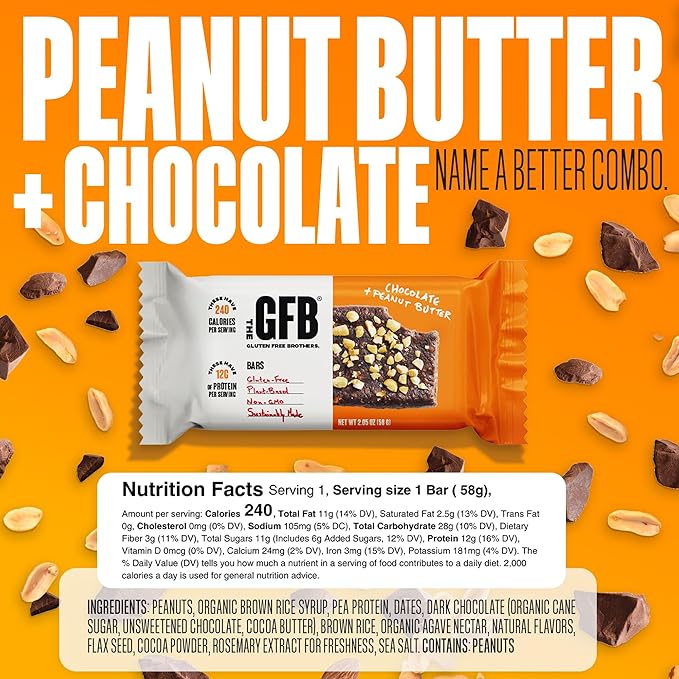 The GFB Chocolate Peanut Butter Protein Bars - Gluten Free, Plant Based, Non GMO, Sustainably Made – Ridiculously Tasty, Healthy, Vegan, Nutrition Snack Protein Bars, 2.05 oz (12 Count)