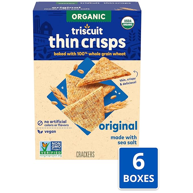 Triscuit Organic Original Whole Grain Wheat Crackers, Organic Crackers, Vegan Snacks, Bulk Lunch Snacks, 6 - 6.5 oz Boxes