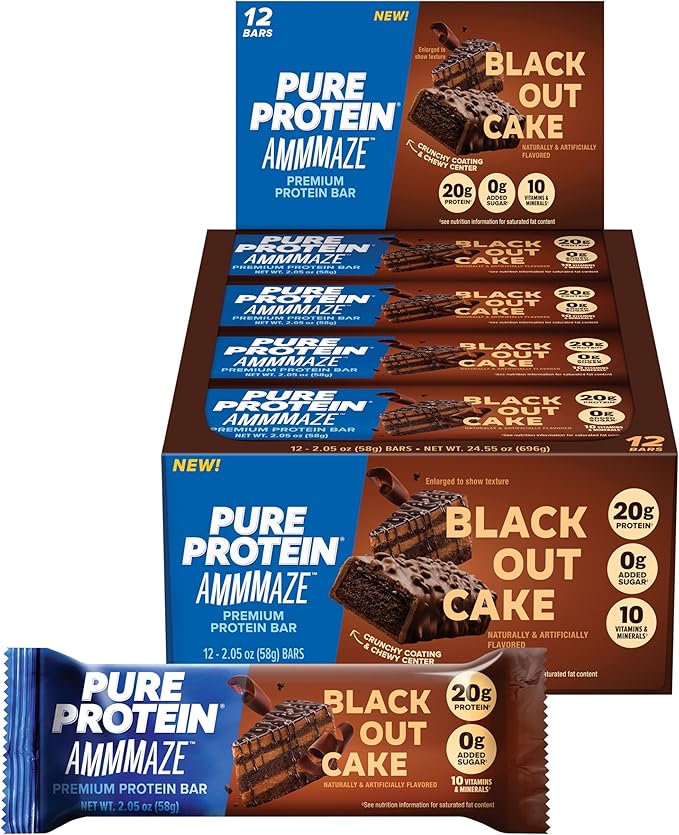 Pure Protein AMMMAZE Blackout Cake Protein Bars, 12 Count – 20g Protein, 3g Fiber, No Added Sugar – Chocolate Meal Replacement - On the Go Snacks