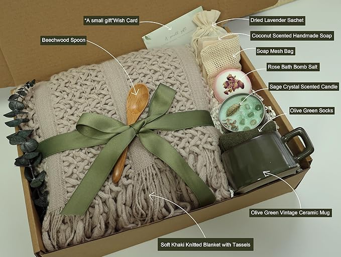 Get Well Gift Baskets for Women&Men - Self Care Package/After Surgery, Sympathy/Relaxation Gifts, Thinking of You/Grief/Bereavement/Miscarriage/Thank you Gifts for Women (Green)