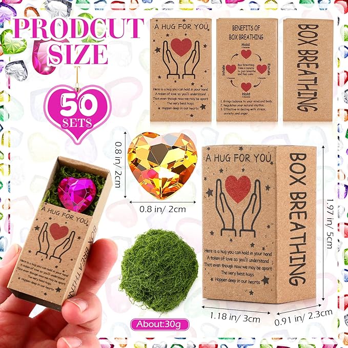 Landical 50 Sets Pocket Hug Token Gifts Small Crystal Heart Stones Bulk with Boxes Mini Heart Shape Natural Stones for Colleagues Family Distance Social Celebration of Life Gifts(Rhinestones)