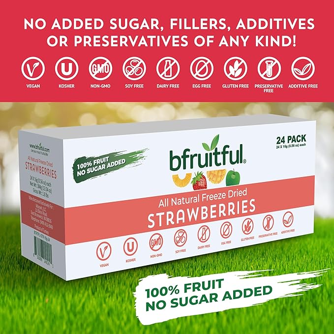bfruitful Freeze-Dried Strawberries, Freeze Dried Fresh Fruit Bites, Gluten Free, Vegan, Dairy Free, Kosher, No Sugar Added, Non GMO, Healthy Snacks for Kids or Adults, 0.56 oz Single-Serve Snack Packets, 24 Pack