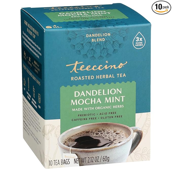 Teeccino Dandelion Mocha Mint Tea - Caffeine Free, Roasted Herbal Tea with Prebiotics, 3x More Herbs than Regular Tea Bags, Gluten Free - 10 Tea Bags