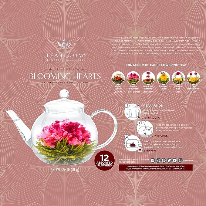 Teabloom Heart-Shaped Flowering Teas – 12 Assorted Blooming Tea Flowers – Green Tea + Jasmine, Pomegranate, Strawberry, Rose, Litchi & Peach