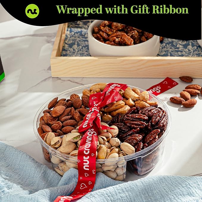NUT CRAVINGS - Diwali Sweets Hamper Mixed Nuts Gift Basket + Heart Ribbon (4 Assortments) Food Arrangement, Healthy Snack Care Package, Food Assortments