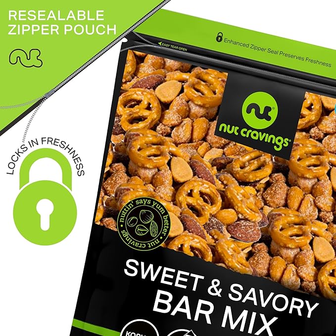 NUT CRAVINGS - Party Bar Nut Mix, Sweet & Savory Pub Snack - Smoked Almonds, Pretzels, Toffee Peanuts, Spicy, Honey Roasted Peanut (32oz - 2 LB) Packed Fresh in Resealable Bag - Food Assortments