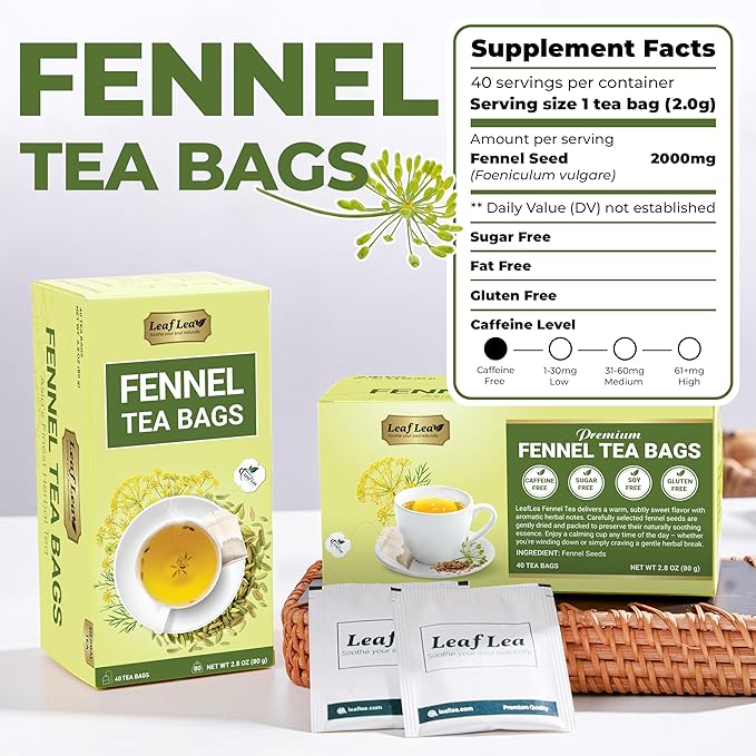LeafLea 40 Fennel Tea Bags, 100% Natural & Pure Fennel Seed Tea, Gentle Digestion & Fresh Breath, Mild Sweet Finish, Caffeine-Free, Sugar-Free, Vegan, Non-GMO, Individually Wrapped