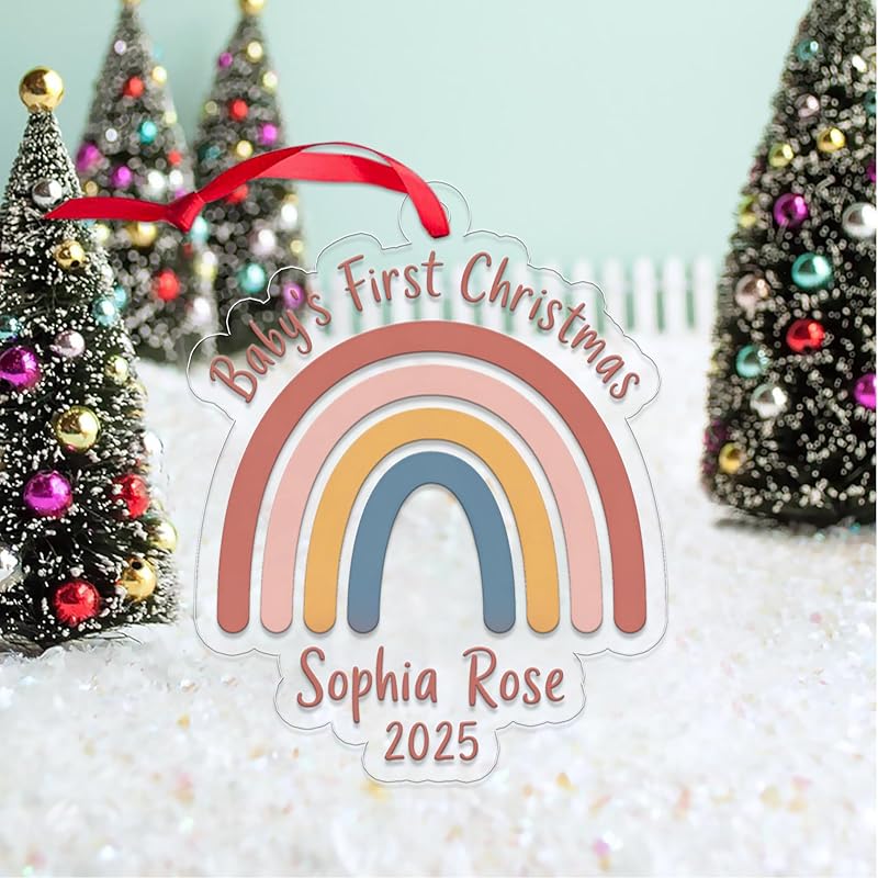 Personalized Rainbow Baby's First Christmas Ornament, Christmas Decor, Baby Coming Next Year Ornament, New Baby Arriving 2025 Acrylic Ornament β Personalized Christmas Tree
