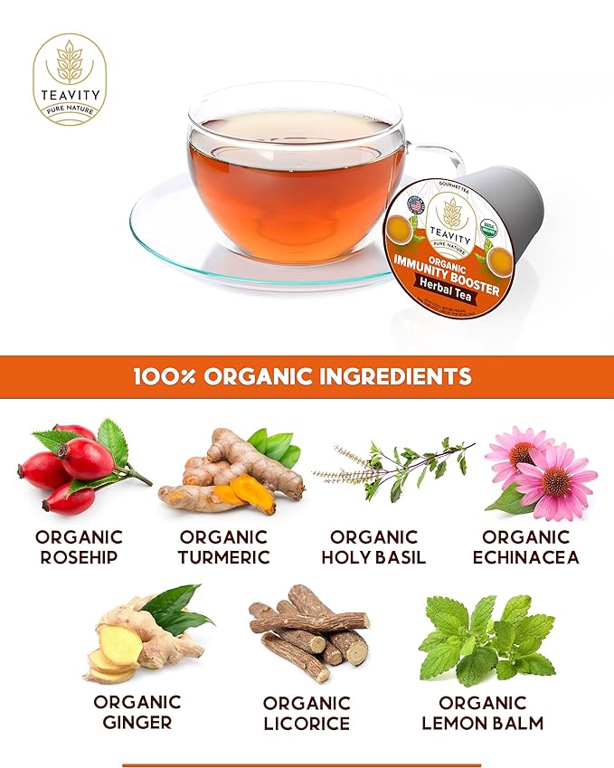Organic Ginger Tea Pod with Echinacea, Turmeric, and Licorice for Keurig, Decaf by Teavity (36 Tea Pods)