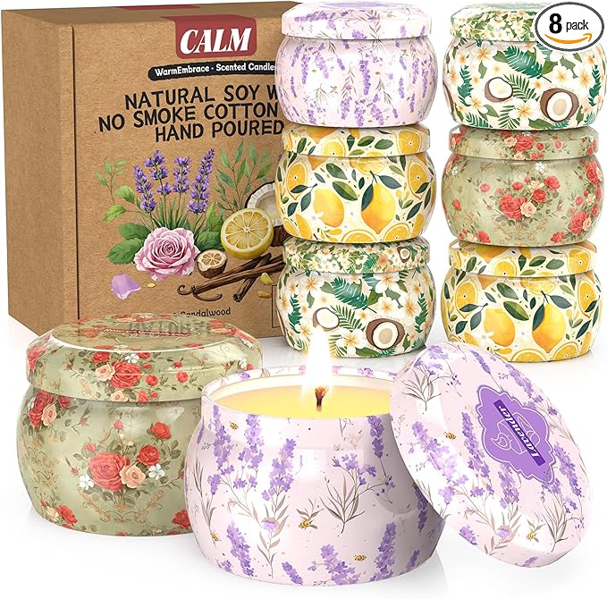 WarmEmbrace Scented Candles for Women, 8 Pack Soy Candle Set, 4.4OZ Candles for Home Scented, Candle Gift Set for Women, Lavender/Coconut and Christmas Holiday Candles, Total 240H Burning Time