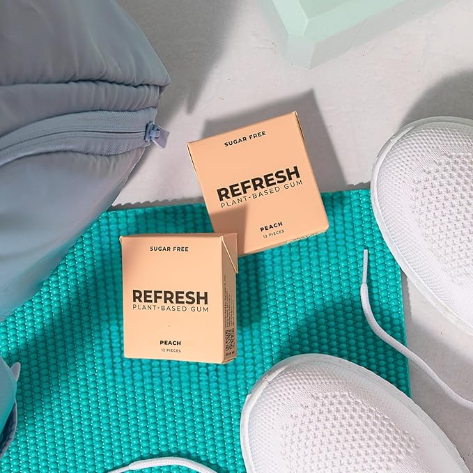 Refresh Gum, Xylitol, Natural, Sugar Free, Chewing Gum, Plastic Free, Natural Flavors & Organic Ingredients, Non GMO, Gluten Free, Vegan, 12 Count (Pack of 5), Peach