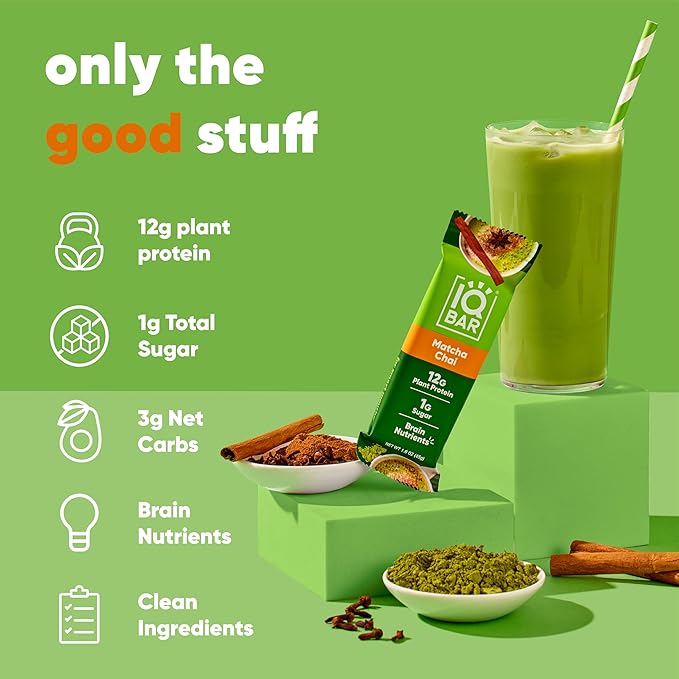 IQBAR Brain and Body Plant Protein Bars - Matcha Chai - 12-Count - Keto, Vegan, Low Carb, High Fiber, Gluten Free, Dairy Free, Low Sugar Snack with Nutrients for Focus, Energy, Meal Replacement