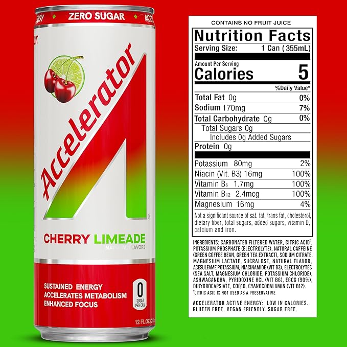 Accelerator Energy Drink Sugar Free, Cherry Limeade 12oz can(12 pack)Zero Sugar Energy Drinks with Sustained Energy from 100% Natural Caffeine (200mg) & Green Tea extract