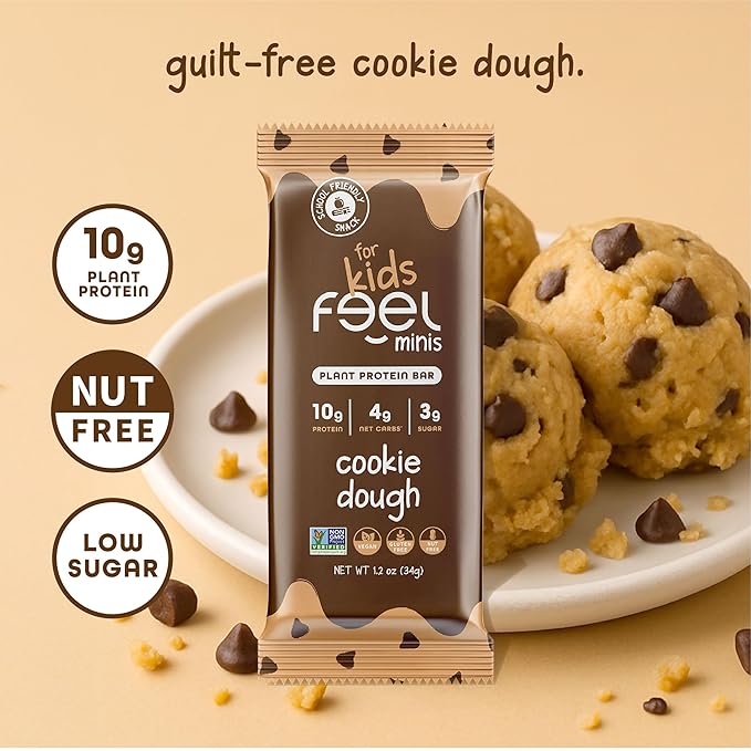 Feel Bar Minis – Kids Protein Bars | Cookie Dough – 12 Pack | 10g Plant Protein | 100 Calories | No Added Sugar | + Daily Veggies | Gluten Free, No Nuts, No Soy, No Dairy, No Grains
