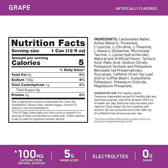 Optimum Nutrition Amino Energy Sparkling Hydration Drink, Electrolytes, Caffeine, Amino Acids, BCAAs, Sugar Free, Grape, 12 Fl Oz, 12 Pack (Packaging May Vary)