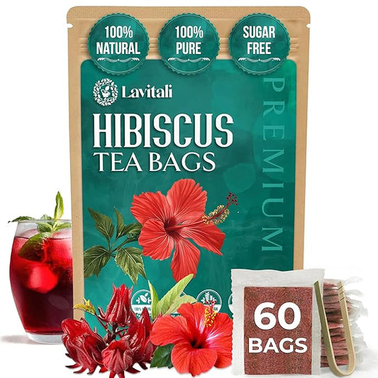 Lavitali, Hibiscus Tea Bags | 60 bags, 100% Pure Herbal Tea | Caffeine-Free, Antioxidant-Rich, Eco-Friendly Filter Bags | Daily Natural Botanical, Hot or Iced Floral Infusion