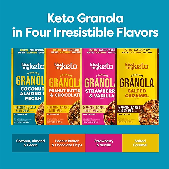 Kiss My Keto Sugar Free Granola, Variety Pack – Curb Cravings with Few Net Carbs – Allulose Sweetened, Resealable & Gluten-Free Crunchy Clusters – Grain Free Granola Great With Yogurt or Milk