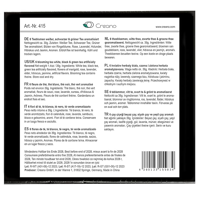 Creano Tea Flowers Mix 6pcs Set Blooming Tea, Green Tea, White Tea & Black Tea in Elegant Magnetic Box with Silver Embossing