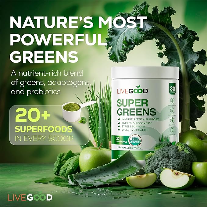 LiveGood Super Greens Powder Organic Superfood with Wheat Grass Powder, Daily Superfood Powder for Immune Support, Energy and Detox, Green Juice Powder Supplement (30 Servings), 12.38 Oz