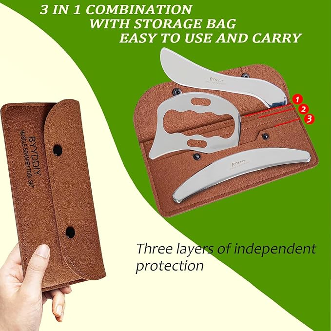 BYYDDIY 3 in 1 Stainless Steel Muscle Scraper Tools Set,Scraping Massage Tools for Physical Therapy,Derma Edge & GuaSha Massage Scraper Tool