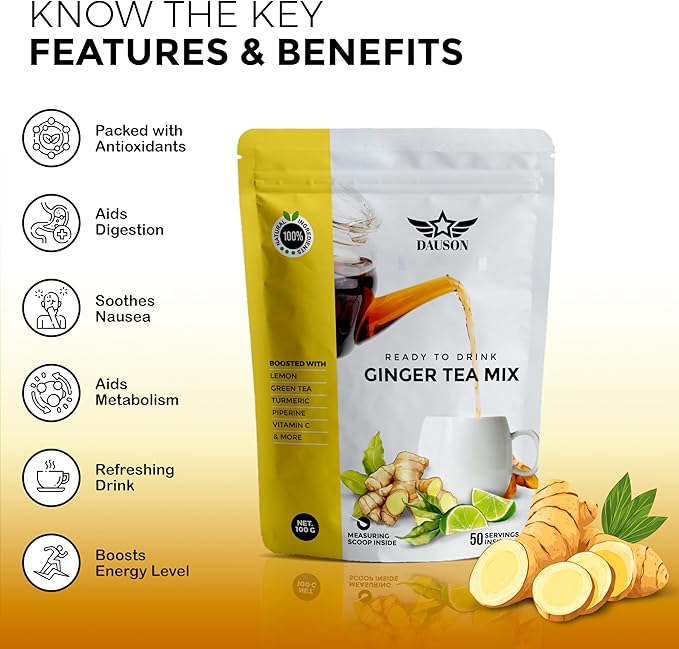 Ginger Lemon Herbal Tea Powder – Refreshing Blend with Licorice, Turmeric, Decaf Green Tea, Vitamin C – Caffeine-Free, Vegan, Gut-Friendly Detox Tea – 50 Servings