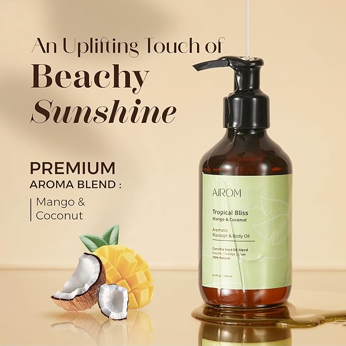 AiROM Mango & Coconut Massage Oil for Massage Therapy – Tropical Bliss - Scented Body Oil for Women – Hypoallergenic, Relaxing Aromatherapy, Non-Greasy, Nut-Free - 6.4 fl oz