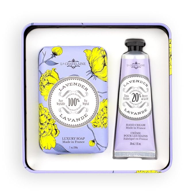 La Chatelaine Lavender Triple Milled Bar Soap and 20% Shea Butter Hand Cream Gift Set, Gift for Mom, Decorative Tin, Plant-Based, Natural & Organic, Made in France (7 oz. soap bar, 1 oz. hand lotion)