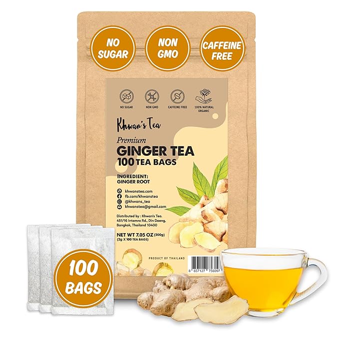 KHWAN’S TEA Ginger Tea Bags - Ginger Root Powder For Herbal Tea Bags, Caffeine Free Tea Bags, Supports Digestion, Soothing & Spicy (2g/Bag)