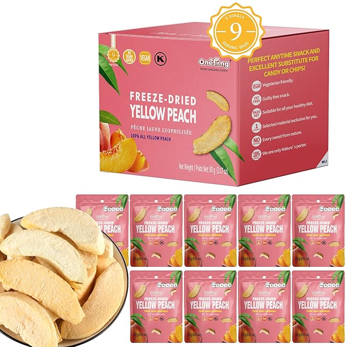 ONETANG Freeze-Dried Fruit Yellow Peach Chips, 9 Pack Single-Serve Pack, Non GMO, Kosher, No Add Sugar, Gluten free, Vegan, Holiday Mothers Day Gifts, Healthy Snack 0.35 Ounce