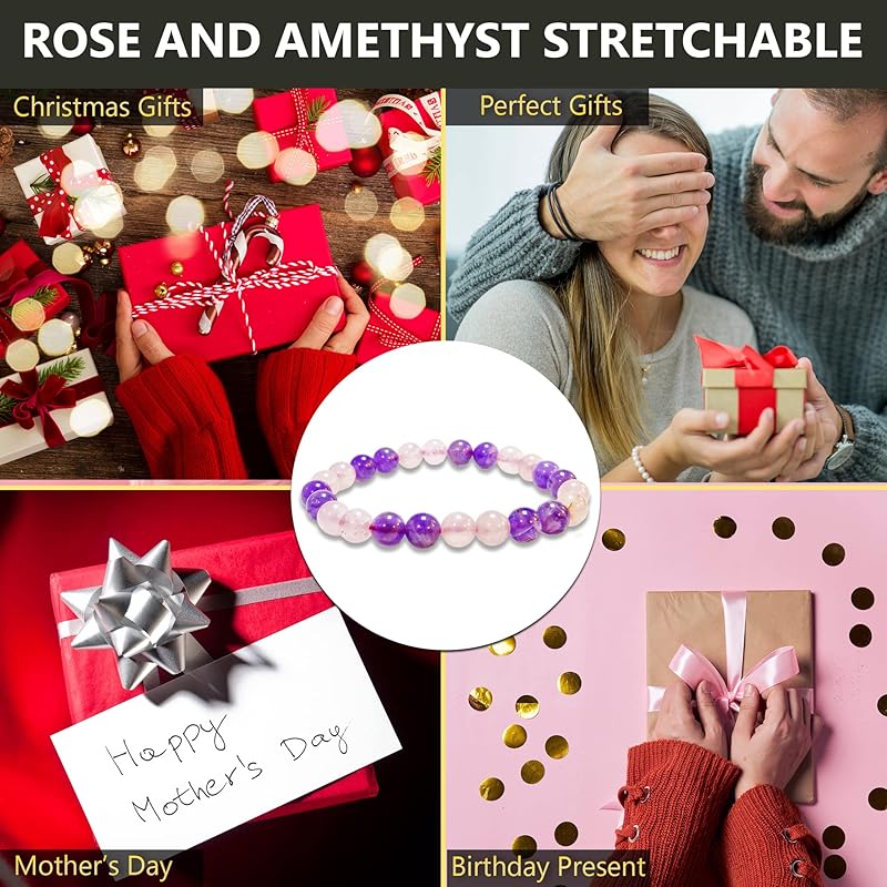 Amethyst, Rose Quartz Bracelet, Natural Healing Crystal Bracelet for Women and Men, 8mm Round Beaded Bracelet for Spiritual, Protection, Positive Energy, Elastic Adjustable Size Gemstone Bead Bracelet